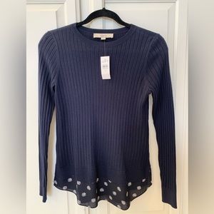 NWT Loft size X-Small long sleeve knit top with pattern shirt tail hem